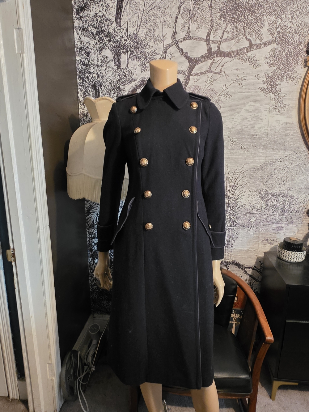 Next Petite Black Military Long Wool Blend Coat Jacket Gold Buttons